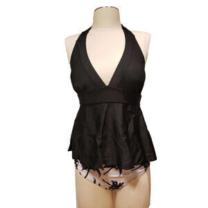 Beachsissi Black Halter Self-Tie Back Top Tropical Tree Bottom Tankini Set Sz M